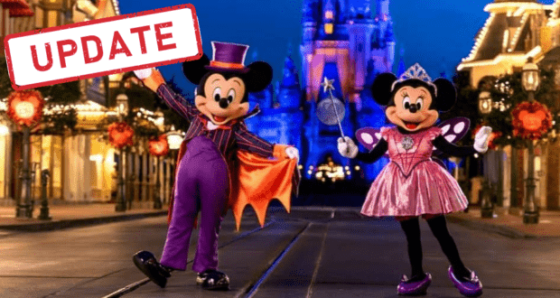 Mickey and Minnie Mouse dressed in Halloween costumes at Disney World, with a bold red "UPDATE" stamp above them—spotlighting the latest news about refunds for Mickey's Not-So-Scary Halloween Party.