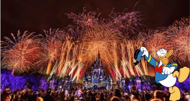 Fireworks illuminate the night sky above Cinderella Castle at Magic Kingdom, as Donald Duck cheers with excitement in the foreground, embodying the festive spirit of Mickey's Not-So-Scary Halloween Party and celebrating a truly magical Disney evening.