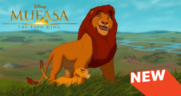 Mufasa and Simba appear together on the savanna as vibrant “NEW” text and the “Mufasa: The Lion King” logo shine above, evoking the iconic Disney magic and adventure that guests experience at Disney Parks.
