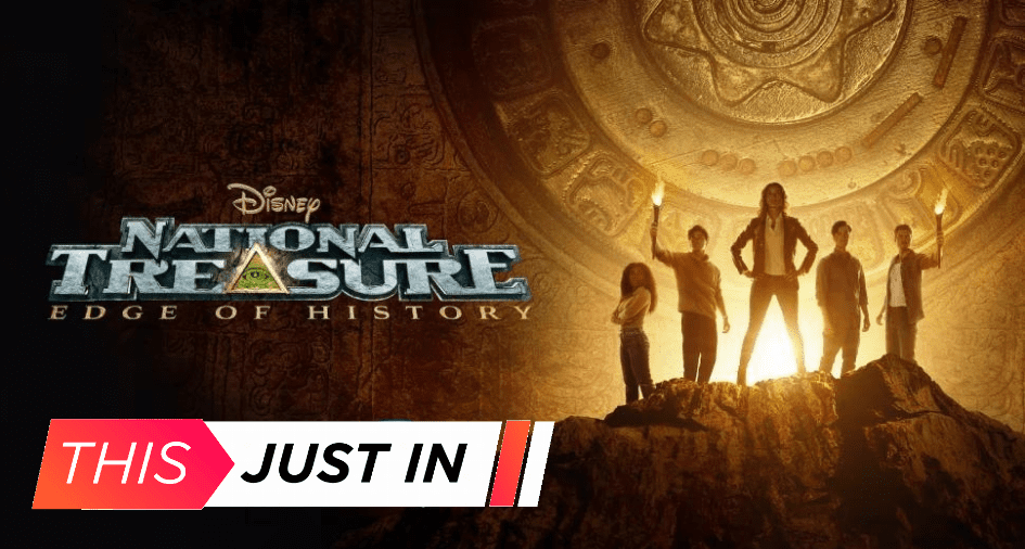 The adventurous cast of National Treasure: Edge of History stands together on an illuminated rocky ledge, with the show’s bold logo displayed beside them, evoking the excitement and intrigue fans love from the franchise—like unveiling a thrilling new attraction at a top entertainment destination.