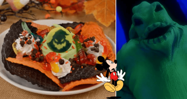 Oogie Boogie-inspired Halloween treat at Disney, featuring vibrant orange and black waffles, festive candies, a playful green marshmallow accent, and a fun twist on the iconic Oogie Boogie DOLE Whip Nachos—perfect for fans seeking spooky seasonal snacks in the park.