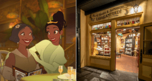 Guests experience the magic as animated women share a joyful moment at Eudora's Chic Boutique Featuring Tiana's Gourmet Secrets in Tiana’s Bayou Adventure, surrounded by the vintage charm of a boutique with the iconic "Blue Skies & Sunshine Guaranteed!" sign.