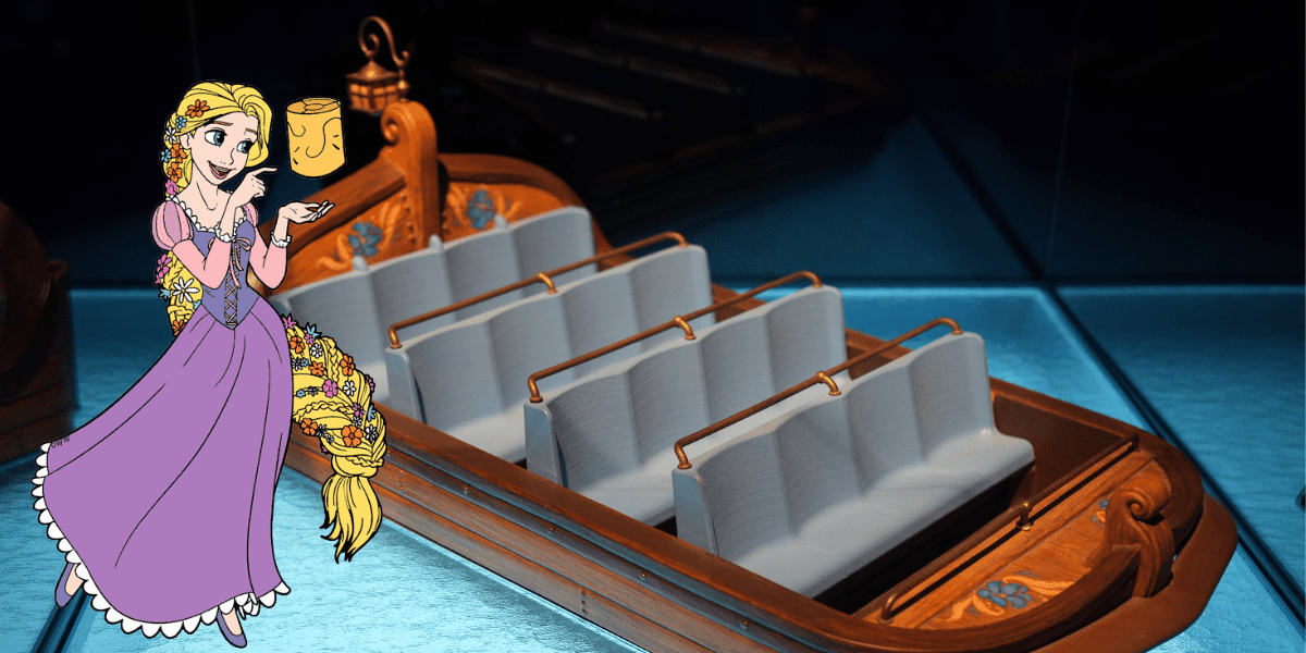 Rapunzel stands beside an empty boat from Disney’s iconic theme park attraction, featuring classic bench seating just like the ride vehicles found in popular new experiences at the parks.