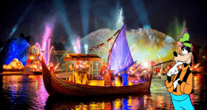 The Rivers of Light nighttime spectacular dazzles with vibrant fireworks, dancing water fountains, and a lively Disney character—Goofy—joining the celebration on the right.