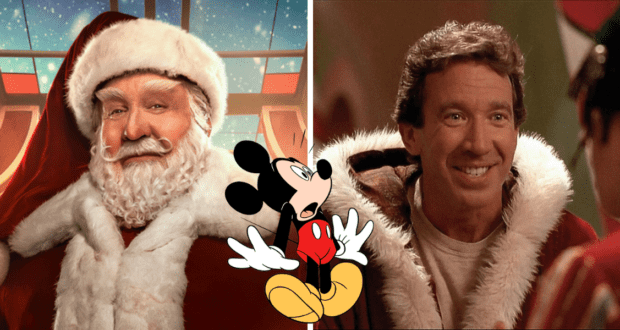 Mickey Mouse, caught mid-surprise between two Santa Clauses on Main Street at Disney World, looks as if he’s just stumbled into a scene straight from a Tim Allen holiday movie.