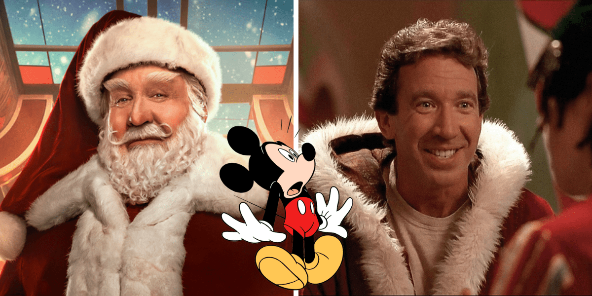 Mickey Mouse, caught mid-surprise between two Santa Clauses on Main Street at Disney World, looks as if he’s just stumbled into a scene straight from a Tim Allen holiday movie.