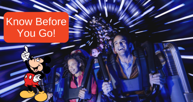 Thrill-seekers zoom along a roller coaster, while “Know Before You Go!” and beloved cartoon Mickey Mouse appear in the foreground, evoking the exhilarating magic of Disney attractions like Space Mountain.