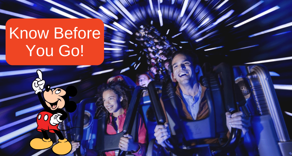 Thrill-seekers zoom along a roller coaster, while “Know Before You Go!” and beloved cartoon Mickey Mouse appear in the foreground, evoking the exhilarating magic of Disney attractions like Space Mountain.