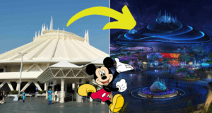 Mickey Mouse excitedly gestures toward Space Mountain at Tokyo Disneyland, highlighting its classic daytime look alongside a dazzling, futuristic version illuminated under nighttime lights, connected by an arrow.