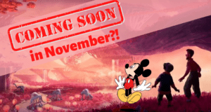 Mickey Mouse appears wide-eyed and surprised as a bold red "COMING SOON in November?!" announcement floats above a fantastical Strange World-inspired backdrop, creating excitement for upcoming adventures at Disney World.