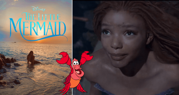 Ariel sits on a seaside rock at sunset surrounded by The Little Mermaid logo, with Sebastian beside her and a close-up of Ariel from the new film trailer, capturing the magic and excitement of Disney’s The Little Mermaid for park guests and fans.