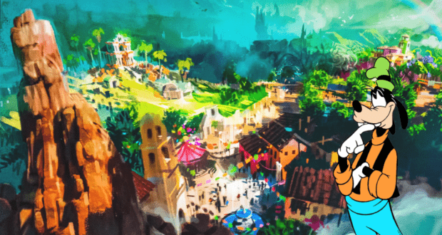 Goofy grins thoughtfully in the foreground of vibrant concept art, inviting fans into an imaginative world inspired by the D23 Beyond Thunder Mountain experience.