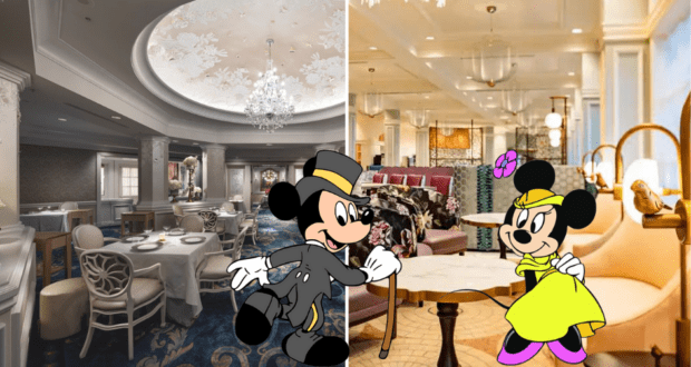 Mickey and Minnie Mouse, dressed in elegant attire, greet each other inside two of Disney's signature fine dining restaurants, surrounded by sparkling chandeliers and a touch of magical luxury.