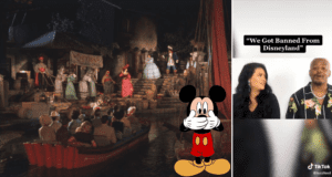 Mickey Mouse covers his mouth in surprise on a boat ride, while two guests proudly display a “We Got Banned From Disneyland” sign—capturing the memorable moment as vloggers recount their wild theme park adventure.