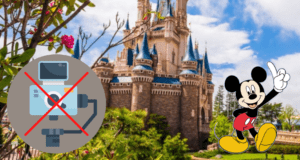 Mickey Mouse greets guests in front of a fairytale castle at Tokyo Disneyland, with a no-cameras sign tucked among the vibrant flowers and lush greenery on the left.