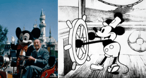 Walt Disney smiles alongside Mickey Mouse, capturing the magic that began it all; on screen, classic Mickey steers a ship in black-and-white, reminiscent of the unforgettable Steamboat Willie cartoon that helped launch Disney’s legendary entertainment legacy.