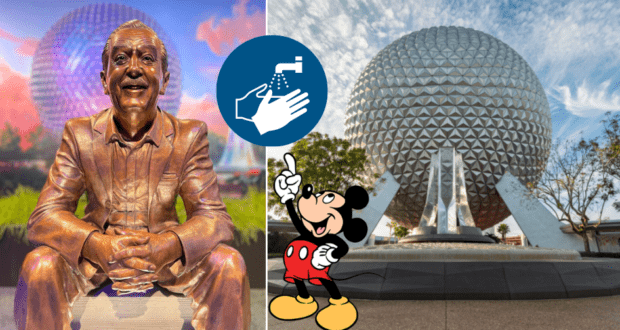 Bronze Disney statue, the iconic Spaceship Earth sphere at Epcot, a wash hands safety sign, and Walt Disney with Mickey Mouse pointing skyward.