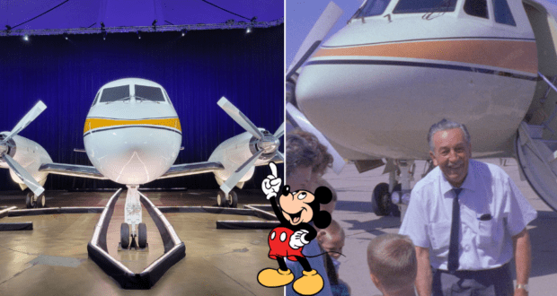 On the left, guests can see Walt Disney's iconic white airplane on display; on the right, a family enjoys a magical moment posing with Mickey Mouse beside the same historic plane at Disney World.
