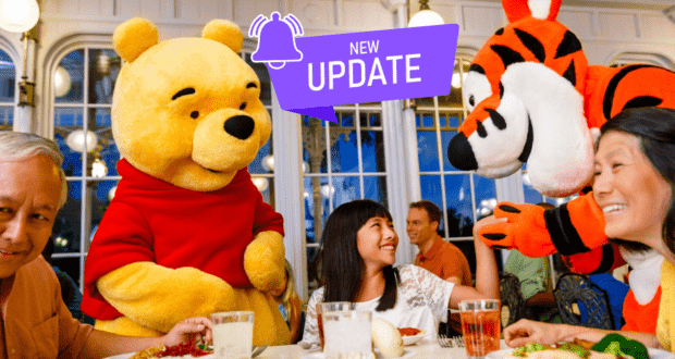 Guests enjoying the Crystal Palace character dining experience at Magic Kingdom, sharing a meal indoors with beloved friends Winnie the Pooh and Tigger, while a prominent "New Update" banner appears above.