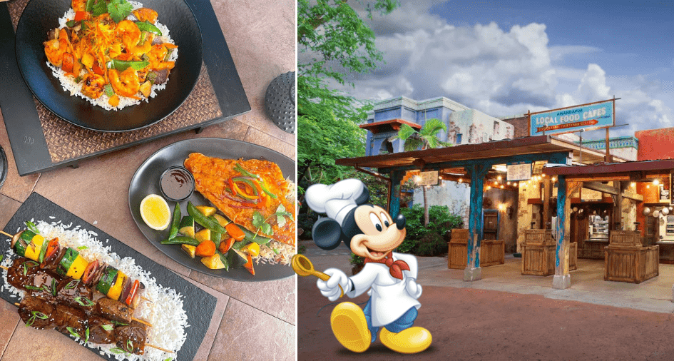 Vibrant rice dishes are served alongside Remy from Ratatouille at the charming Yak & Yeti Restaurant in Disney’s Animal Kingdom.