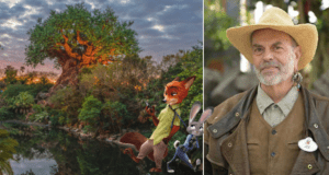 Nick Wilde and Judy Hopps from Zootopia pose by a tree in Animal Kingdom; a smiling guest wearing a hat and brown jacket enjoys the atmosphere.