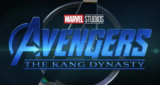 Avengers: The Kang Dynasty movie logo with Marvel Studios branding shines against a dark backdrop, showcased as part of Disney’s exciting lineup of upcoming cinematic attractions that thrill theme park and entertainment fans.