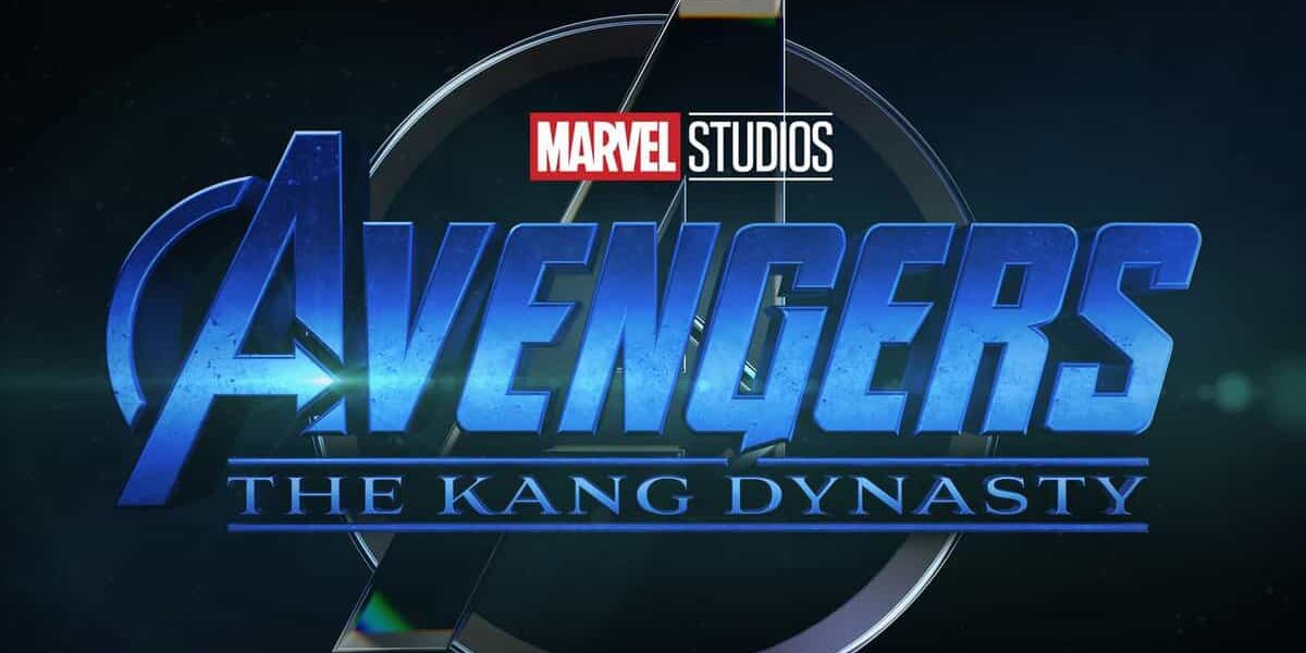 Avengers: The Kang Dynasty movie logo with Marvel Studios branding shines against a dark backdrop, showcased as part of Disney’s exciting lineup of upcoming cinematic attractions that thrill theme park and entertainment fans.