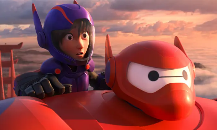 Hiro Hamada in purple armor soars above San Fransokyo on Baymax, both wide-eyed with surprise, as they take flight during a breathtaking sunset scene from Big Hero 6.
