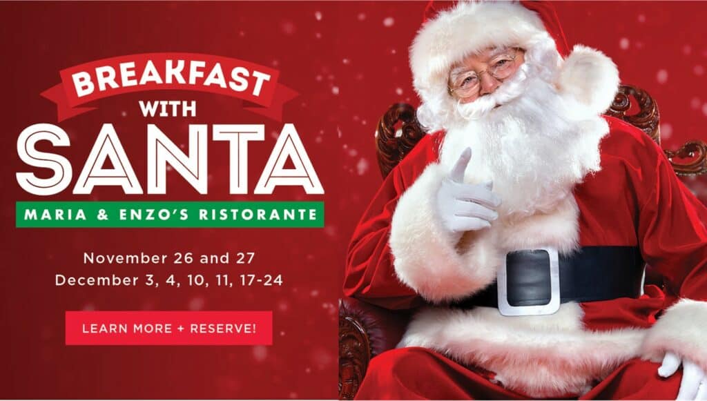Santa smiles and points from his chair, while vibrant text promotes a magical Breakfast with Santa experience at Disney World, inviting families to join the holiday festivities in the park’s restaurant.