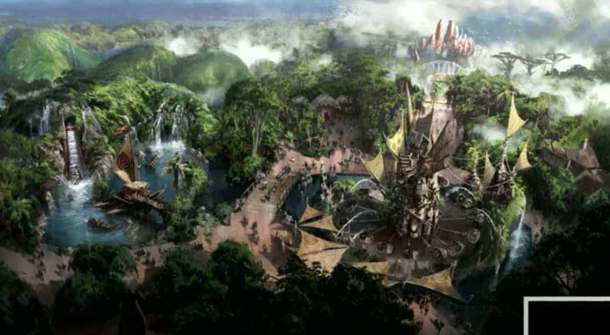 An immersive Disney theme park scene filled with vibrant greenery, sparkling water features, charming boats, and imaginative architecture, bustling with excited guests—bringing to life the magical environments teased at the latest D23 Expo.