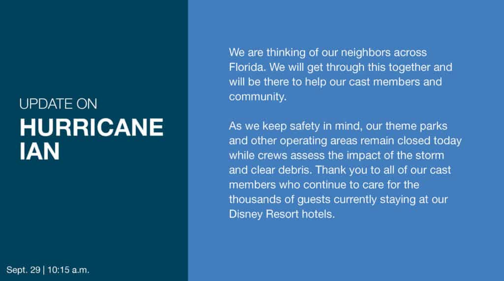 Disney World Hurricane Ian update: all parks temporarily closed while cast members evaluate storm impact and ensure safety for guests and staff. Update issued September 29.