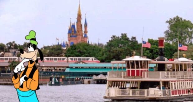 An illustration of Goofy stands by the water in front of a boat dock and monorail vs. ferry boat area, with the iconic Cinderella Castle in the background at Walt Disney World. The scene captures a lively, family-friendly atmosphere.