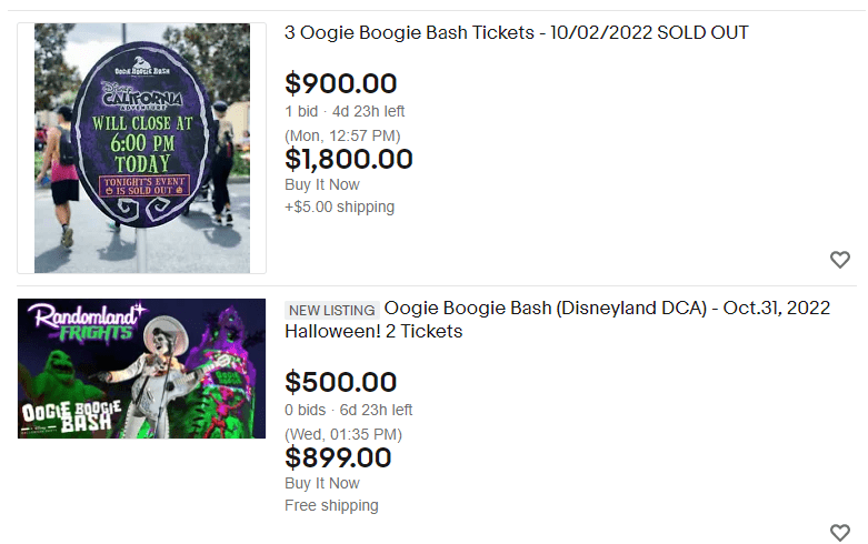 Screenshot of eBay listings featuring Oogie Boogie Bash tickets for Disney California Adventure, displaying ticket prices and event dates for this popular Halloween event.