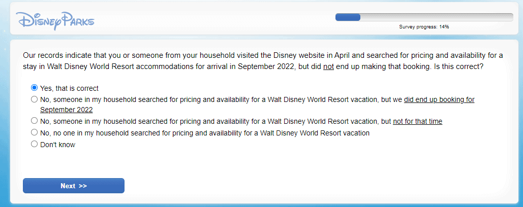 Disney Parks survey page asks fans if they searched for and booked a Disney World trip in September 2022 as part of planning their magical vacation experience.