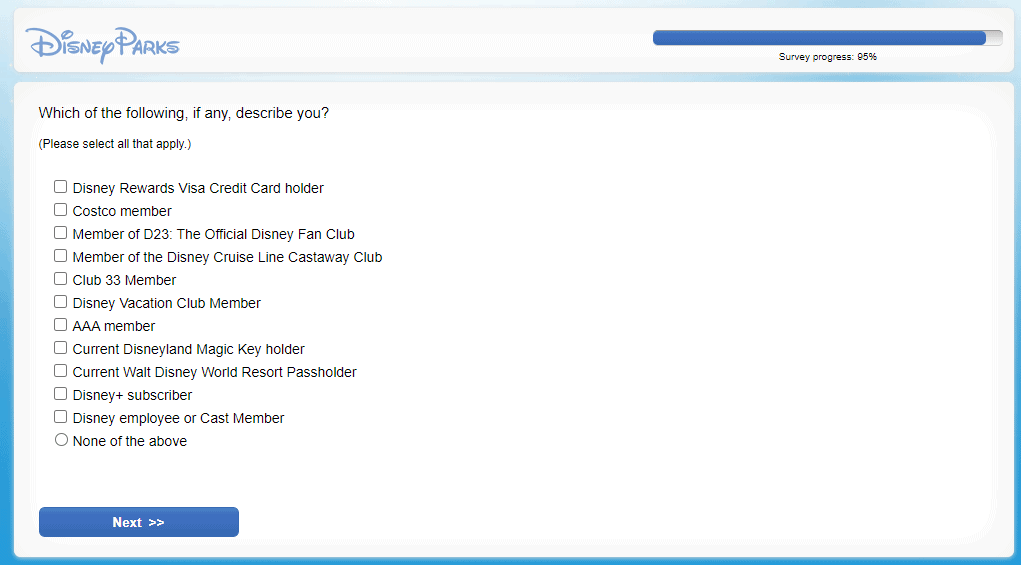 On the Disney Parks survey page, fans are prompted to choose which memberships they hold for planning their next magical vacation, with a classic blue "Next" button at the bottom to continue their experience.