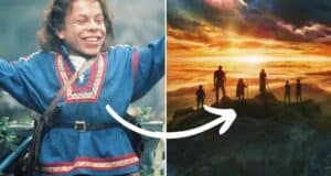 On the left, a costumed character beams with excitement, while an arrow points toward a group of adventurers silhouetted on a hill against the sunset to the right, capturing the thrilling spirit of a Disney+ Willow-inspired journey.