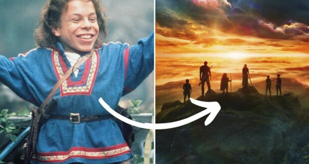On the left, a costumed character beams with excitement, while an arrow points toward a group of adventurers silhouetted on a hill against the sunset to the right, capturing the thrilling spirit of a Disney+ Willow-inspired journey.