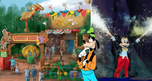 Goofy stands center stage, bridging the excitement of a bustling Disney World BBQ restaurant and the dazzling spectacle of Mickey Mouse performing with magical sparkles, perfectly embodying the vibrant entertainment and energy that defined Disney World 2022.