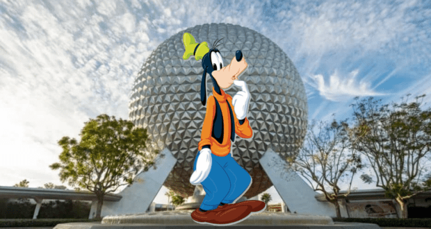 Goofy poses with a welcoming gesture in front of Epcot’s iconic Spaceship Earth, set against a partly cloudy sky, inviting park guests to embark on a whimsical EPCOT adventure.