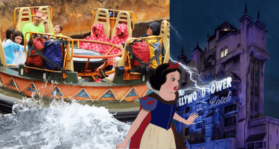 Adventurers plunging through river rapids, Snow White leading her classic ride, and the Hollywood Tower Hotel illuminated by lightning—these iconic Disney World moments deliver pure theme park excitement and unforgettable dark ride thrills.