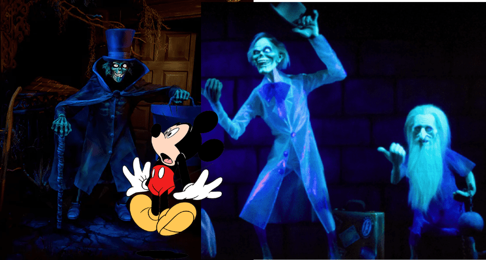 Mickey Mouse greets guests in front of three glowing, spectral blue ghosts inside the iconic Haunted Mansion at Disney World.