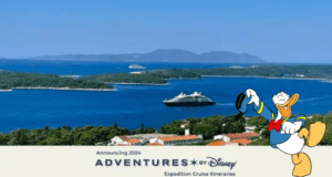 Donald Duck enthusiastically waves from the deck of a Disney cruise ship gliding past sun-kissed islands, set against brilliant blue skies—an inviting Disney adventure that sparks excitement and anticipation among fans dreaming of their next unforgettable journey.