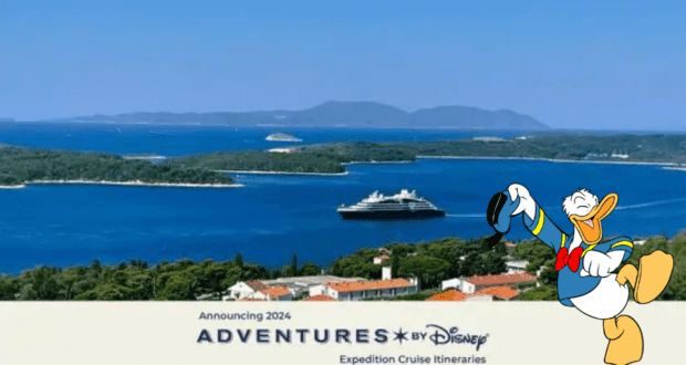 Donald Duck enthusiastically waves from the deck of a Disney cruise ship gliding past sun-kissed islands, set against brilliant blue skies—an inviting Disney adventure that sparks excitement and anticipation among fans dreaming of their next unforgettable journey.