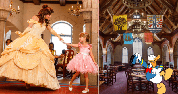 Belle twirls with a young guest beside a smiling Donald Duck illustration inside the enchanting Akershus Royal Banquet Hall at EPCOT.
