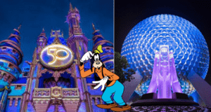 Goofy stands proudly between Cinderella Castle adorned with the 50th anniversary emblem and Spaceship Earth illuminated at night, both icons glowing brilliantly for Disney World's Beacons of Magic celebration.