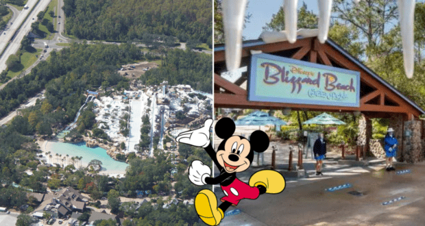 Soaring above Disney’s Blizzard Beach water park on the left, with the colorful entrance sign and classic Mickey Mouse cartoon greeting guests on the right.