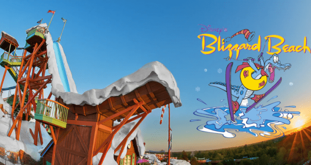 Snow-covered water slides at Disney’s Blizzard Beach, one of Disney’s most exciting water parks, with the playful Ice Gator mascot welcoming guests on the right.