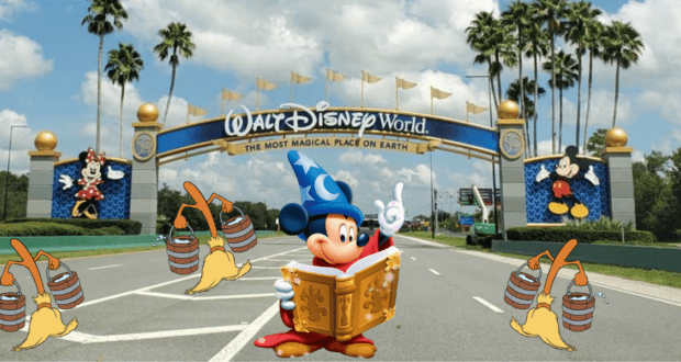Mickey Mouse dons his iconic wizard robe and hat, reading a spellbook right by the Walt Disney World entrance, surrounded by lively enchanted brooms and buckets, bringing to life the magical atmosphere every Disney fan dreams of experiencing.