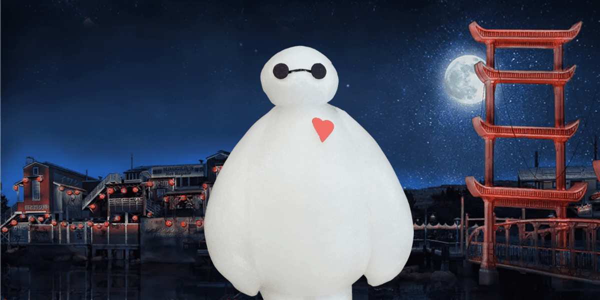 A lovable white robot with a glowing red heart greets guests beneath a magical full moon, standing before a storybook village and iconic torii gate, its gentle luminescence swirling through the night like Disney cotton candy brought to life.