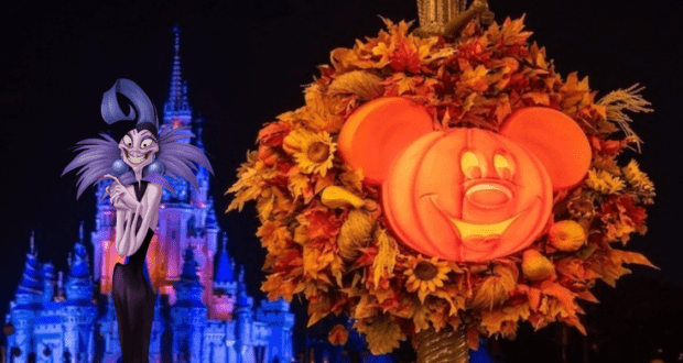 Mickey-shaped pumpkin wreath adorned with autumn leaves welcomes guests as Cinderella Castle glows blue in the background. A Disney Villain, dressed in vibrant purple, strikes a pose to the left—capturing the enchanting atmosphere of a Disney Halloween Party.
